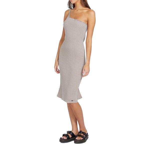 Volcom Big Island Energy One Shoulder Midi Dress in Pink Black Striped - Picture 2 of 9